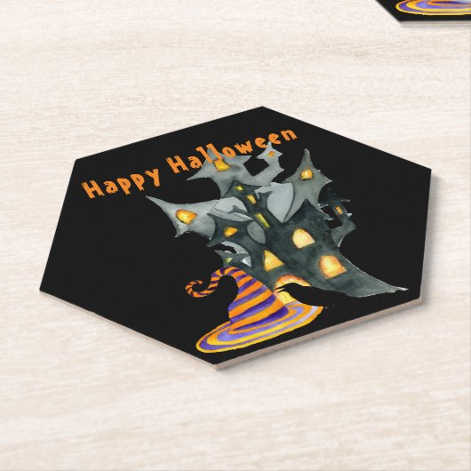 Waterverf Halloween House en Pet Kartonnen Onderzetters (Schuin)