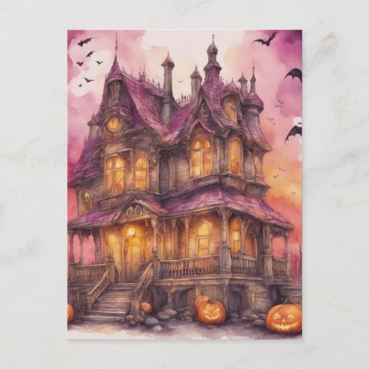 Waterverf Halloween Huis AI Kunst Briefkaart (Voorkant)