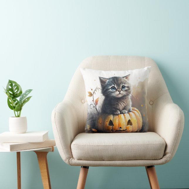 Waterverf Halloween Kitten In een Jack-o-lantaarn Kussen (Stoel)