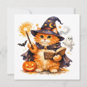 Waterverf Halloween Oranje Kat Tovenaar  Kaart
