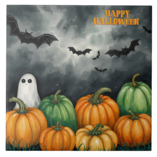 Waterverf Halloween Pompoenen en Geest Tegeltje