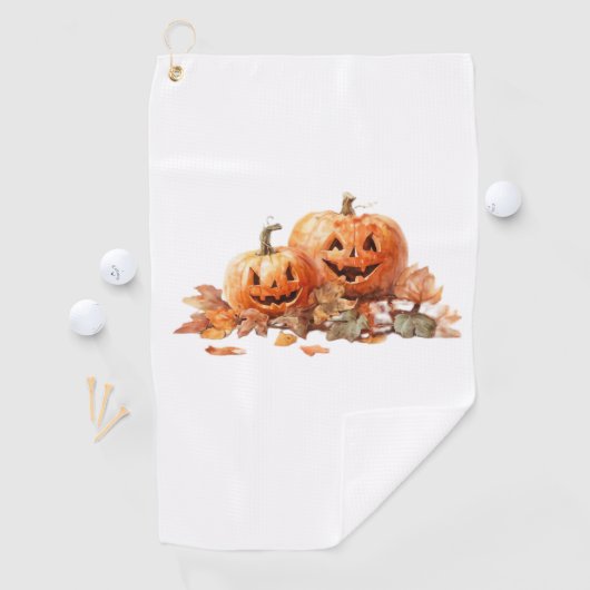 Waterverf Halloween pompoenen met herfstbladeren O Golfhanddoek (Insitu)