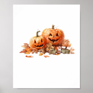 Waterverf Halloween pompoenen met herfstbladeren O Poster