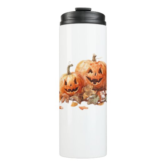 Waterverf Halloween pompoenen met herfstbladeren O Thermosbeker (Voorkant)