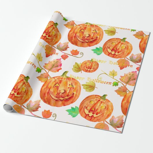 Waterverf Halloween Pumpkin Wrappingpapier Cadeaupapier (Uitgerold)