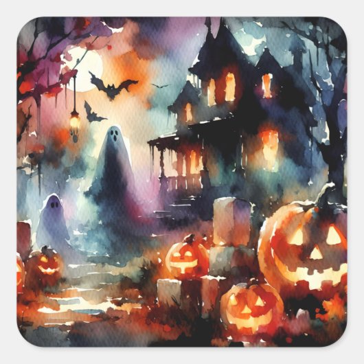 Waterverf Halloween Scene House Ghosts Pumpkins Vierkante Sticker (Voorkant)