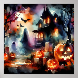 Waterverf Halloween scene Poster