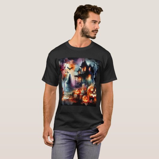 Waterverf Halloween scene T-shirt (Voorkant volledig)