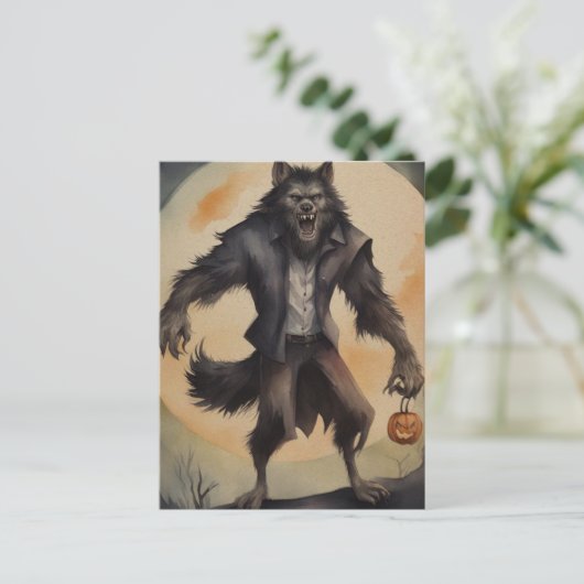 Waterverf Halloween Weerwolf Briefkaart (Staand voorkant)