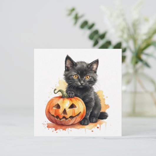 Waterverf Halloween Zwarte Kitten en Pompoen  Feestdagenkaart (Staand voorkant)