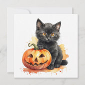 Waterverf Halloween Zwarte Kitten en Pompoen  Feestdagenkaart (Voorkant)
