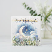 Waterverf Halve Maan Eid Mubarak Goud Accent Feestdagenkaart (Staand voorkant)