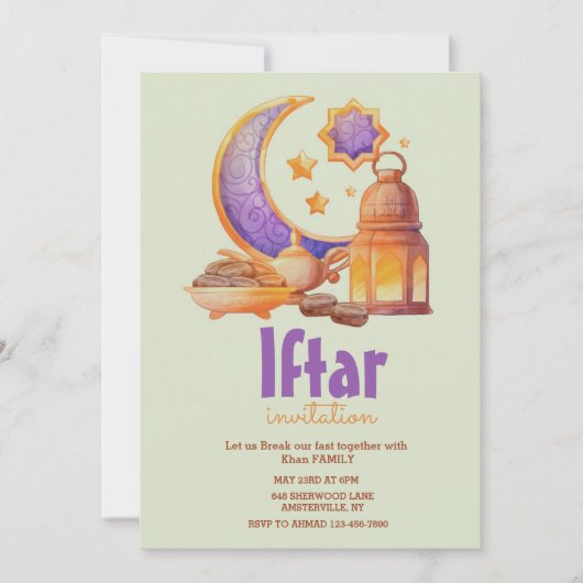 Waterverf halve maan iftar feestuitnodiging kaart (Voorkant)