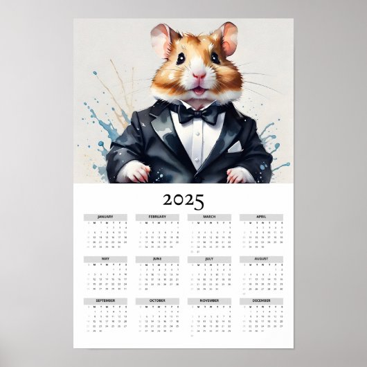Waterverf Hamster in Tuxedo Bow Stropdas 2025 Kale Poster (Voorkant)