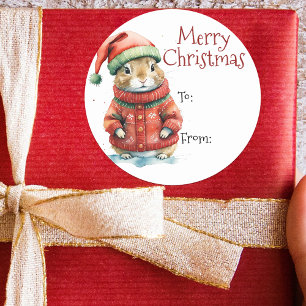Waterverf Hamster Kerstman Hoed Kerstcadeau Ronde Sticker