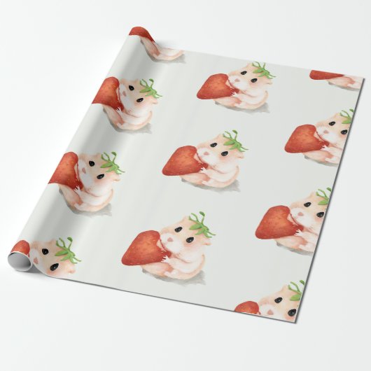 WATERVERF HAMSTER MET STRAWBERRY WRAPPER CADEAUPAPIER (Uitgerold)