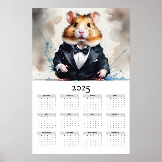 Waterverf hamster met Tux 2025 wandkalender Poster (Voorkant)