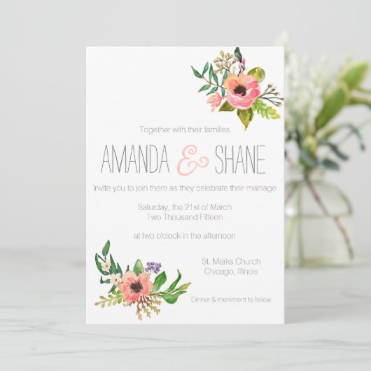 Waterverf hand geschilderd Floral Wedding Invitati Kaart (Staand voorkant)