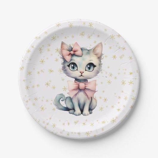 Waterverf Hand getrokken Kat met twee roze strikke Papieren Bordje (Voorkant)