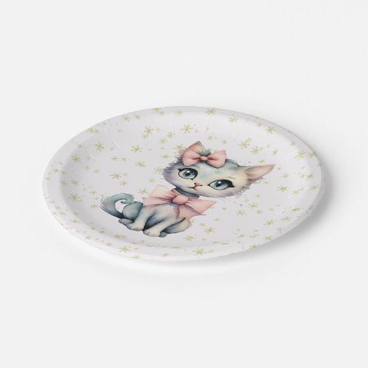 Waterverf Hand getrokken Kat met twee roze strikke Papieren Bordje (Gekanteld)