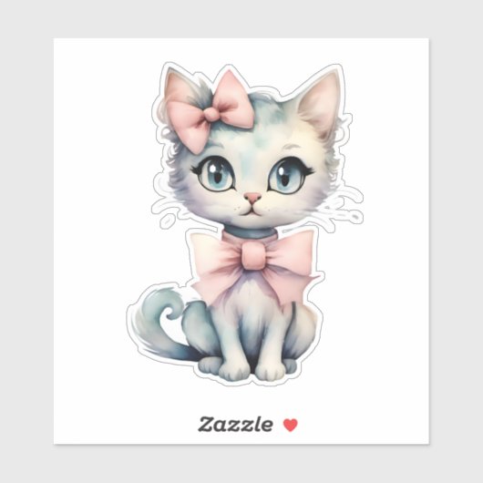 Waterverf Hand getrokken Kat met twee roze strikke Sticker (Vel)