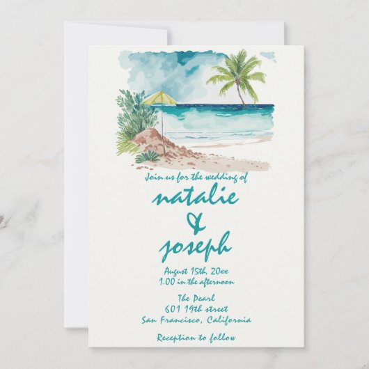 Waterverf Hand getrokken Kleurrijke Strand Bruilof Kaart (Voorkant)
