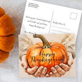 Waterverf handen met een pompoen Thanksgiving Briefkaart