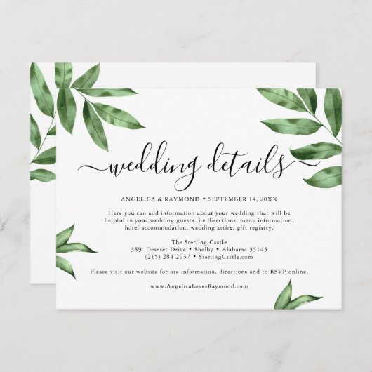 Waterverf handgeschilderde groene bruiloft informatiekaartje (Voorkant / Achterkant)