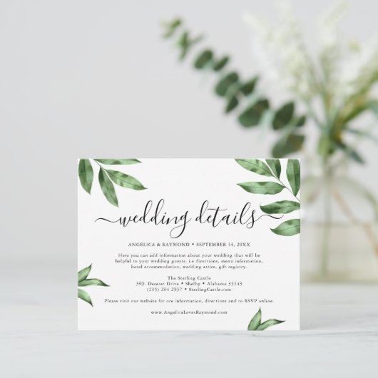 Waterverf handgeschilderde groene bruiloft informatiekaartje (Staand voorkant)