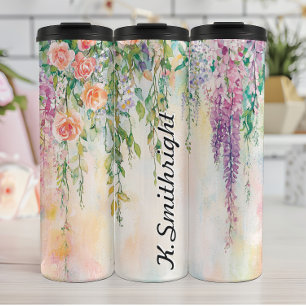 Waterverf hangende bloemen met Rozen Thermosbeker