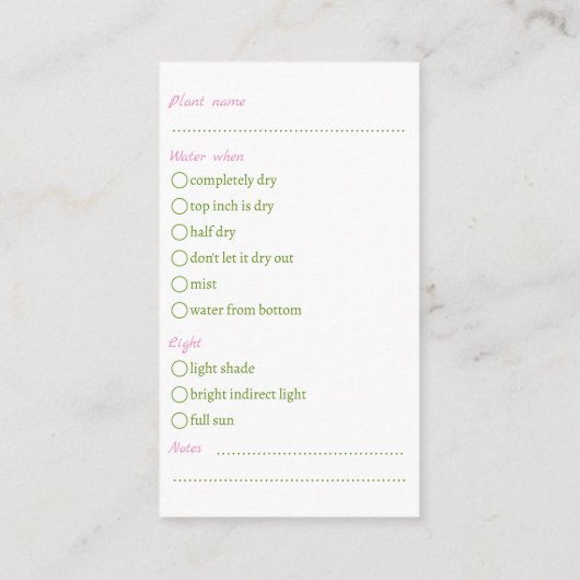 Waterverf hangende Plant Care Guide Informatiekaartje (Achterkant)