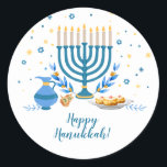 Waterverf Hanukkah Holiday Ronde Sticker<br><div class="desc">Een Hanukkah-scène met een menorah,  sufganiyot (donuts),  droidels en olijftakken wordt gesmolten in een waterverf-effect op deze Chanoekapsticker. Gebruik als dank u stickers,  op de cadeaus van Chanoeka of op vakantiegunsten. Beschikbaar met overeenkomende producten.</div>