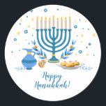 Waterverf Hanukkah Holiday Ronde Sticker<br><div class="desc">Een Hanukkah-scène met een menorah,  sufganiyot (donuts),  droidels en olijftakken wordt gesmolten in een waterverf-effect op deze Chanoekapsticker. Gebruik als dank u stickers,  op de cadeaus van Chanoeka of op vakantiegunsten. Beschikbaar met overeenkomende producten.</div>