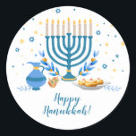Waterverf Hanukkah Holiday Ronde Sticker<br><div class="desc">Een Hanukkah-scène met een menorah,  sufganiyot (donuts),  droidels en olijftakken wordt gesmolten in een waterverf-effect op deze Chanoekapsticker. Gebruik als dank u stickers,  op de cadeaus van Chanoeka of op vakantiegunsten. Beschikbaar met overeenkomende producten.</div>