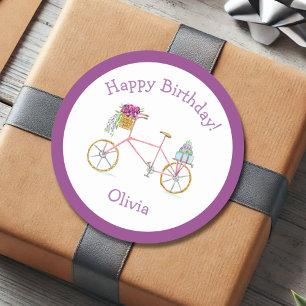 Waterverf Happy Birthday-fiets Ronde Sticker