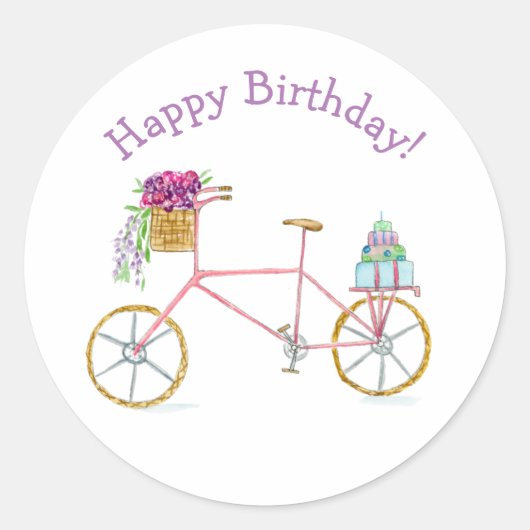 Waterverf Happy Birthday-fiets Ronde Sticker (Voorkant)