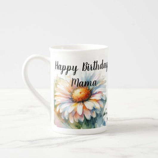 Waterverf 'Happy Birthday Mama' Witte BLOEMEN Porselein Kop (Links)