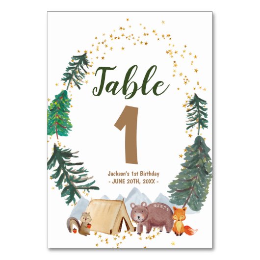 Waterverf Happy Camper 1st Birthday Table Number Kaart (Voorkant)