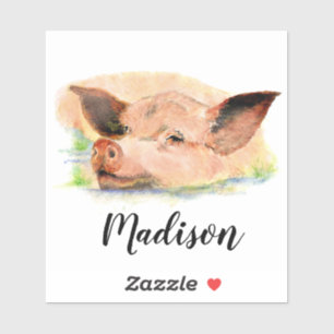 Waterverf Happy Pig Swine Animal Art Custom Name Sticker