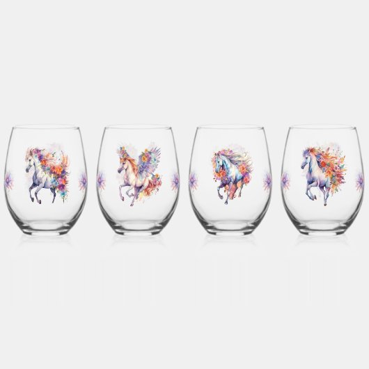 Waterverf hardlooppaarden met bloemige accenten wijnglas zonder voet (Achterkant)