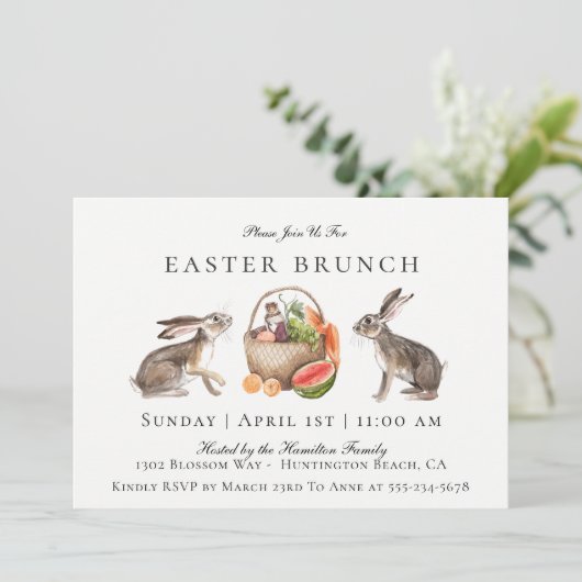 Waterverf Hare Easter Brunch Uitnodiging (Staand voorkant)