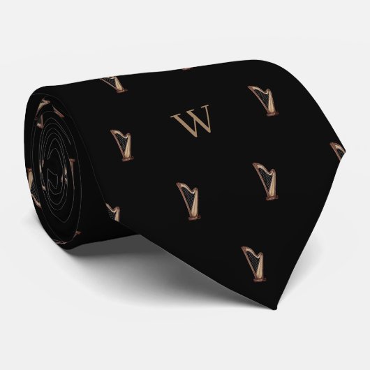 Waterverf Harp Monogram Initiaal Middernacht Zwart Stropdas (Opgerold)