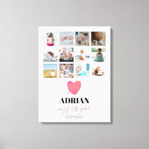 Waterverf Hart Baby eerste jaar Foto Collage Canvas Afdruk