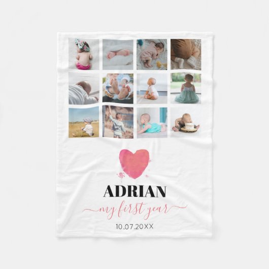 Waterverf Hart Baby eerste jaar Foto Collage Fleece Deken (Voorkant)