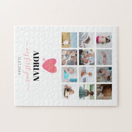 Waterverf Hart Baby eerste jaar Foto Collage Legpuzzel (Horizontaal)