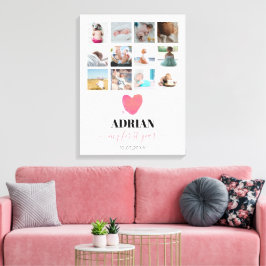 Waterverf Hart Baby's Eerste Jaar Fotocollage Canvas Afdruk