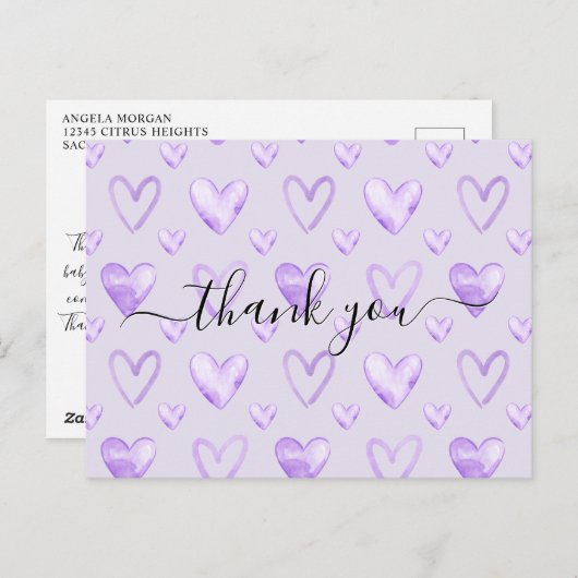 Waterverf Hart Bleek Paarse Baby Shower Bedankt Briefkaart (Voorkant / Achterkant)