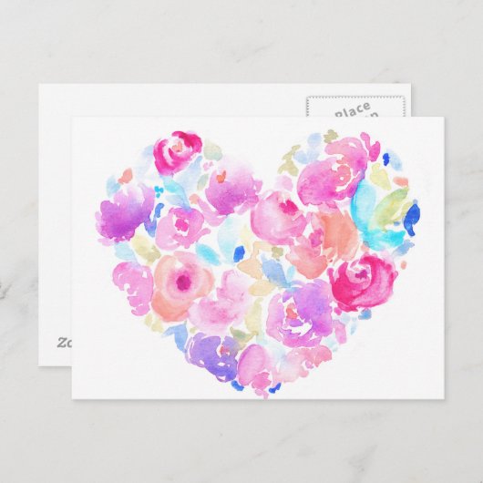 Waterverf hart. Bloemhart Briefkaart (Voorkant / Achterkant)