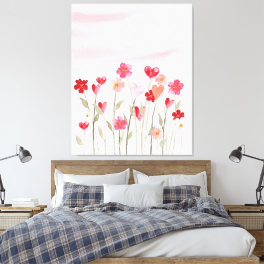 Waterverf hart en bloemen canvas afdruk (Insitu (Slaapkamer))