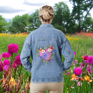 Waterverf Hart en Bloemen Denim Jacket